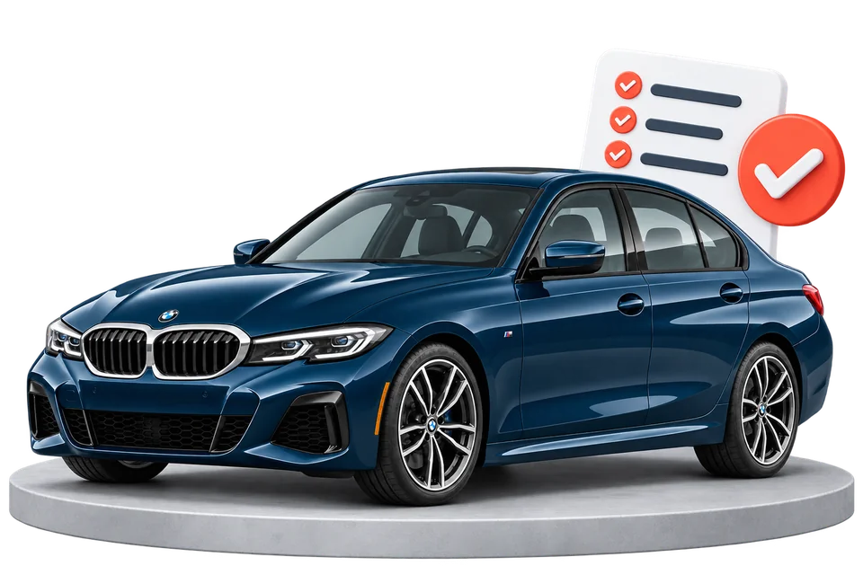 Niebieskie BMW na platformie obok listy kontrolnej